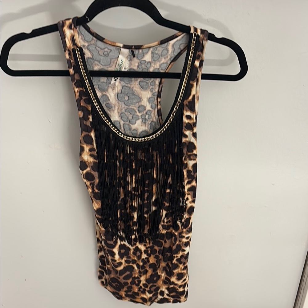 Leopard Print Fringe Tank Top